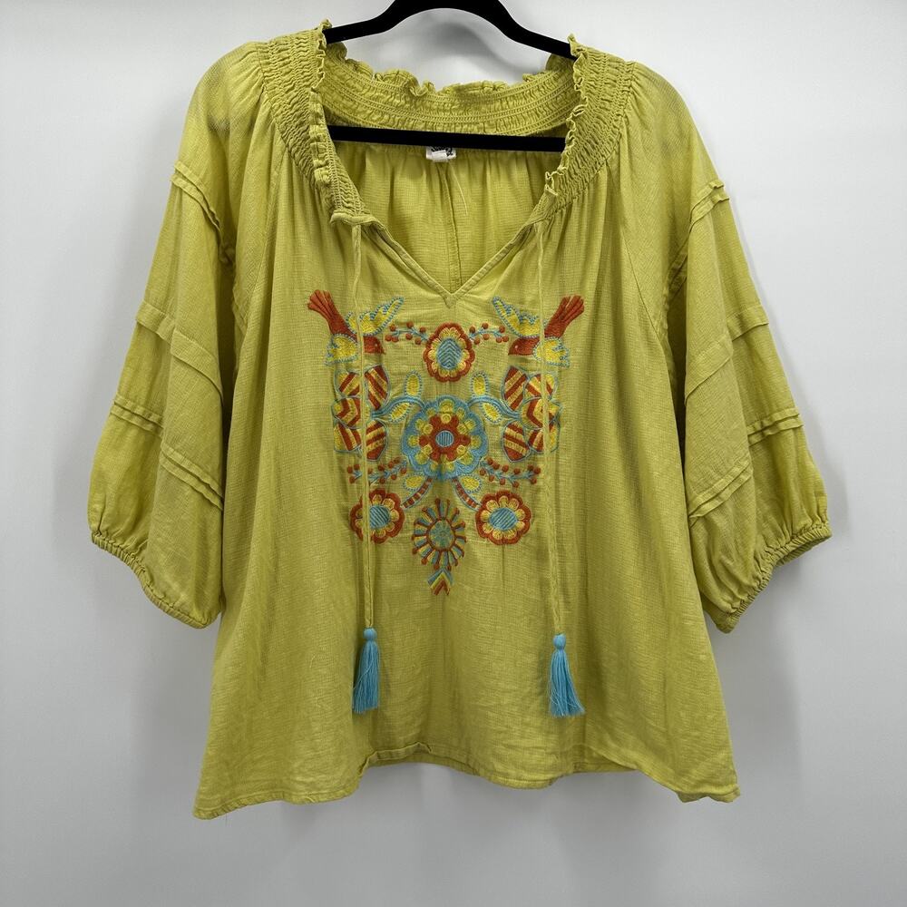 Ivy Jane Blouse Womens Small Medium Green Embroidered Boho Peasant Top Tassels
